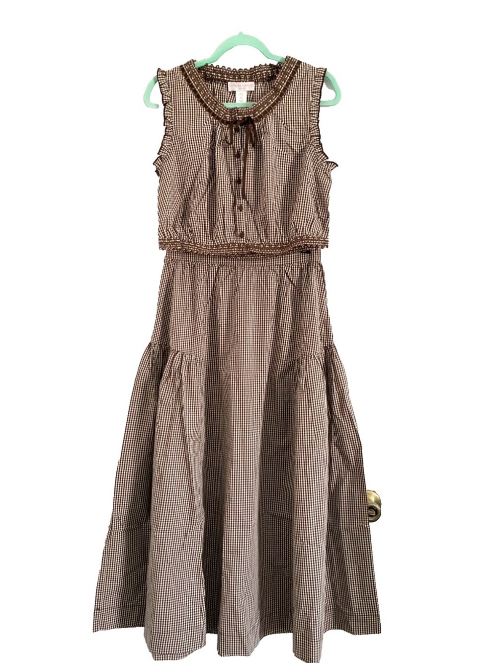 NWT Caroline Constas Brown Gingham Lace Trim Crop Top Maxi Skirt Set Small S - Picture 2 of 16